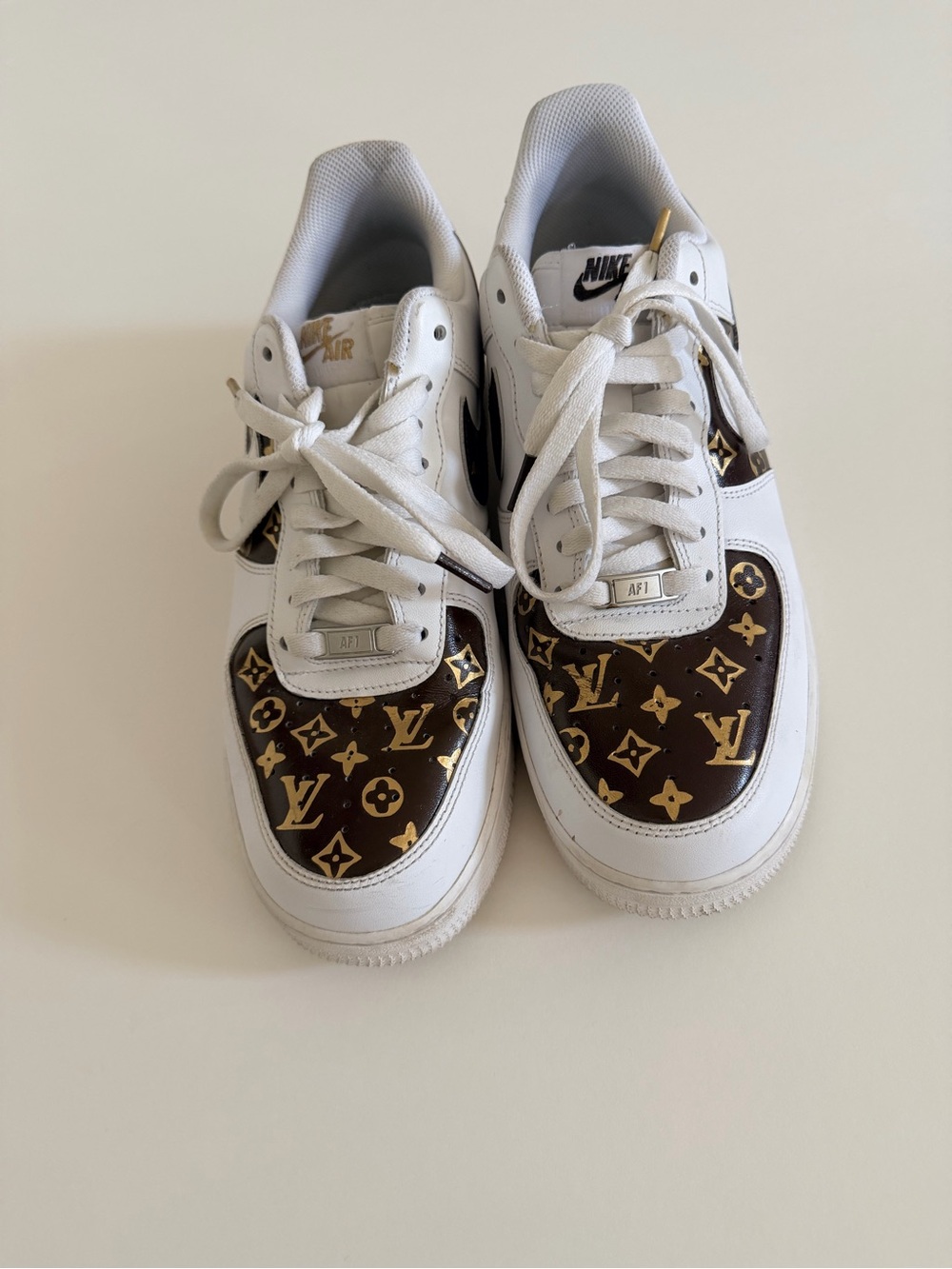 Nike White Sneakers with Brown & Gold Monogram Panels